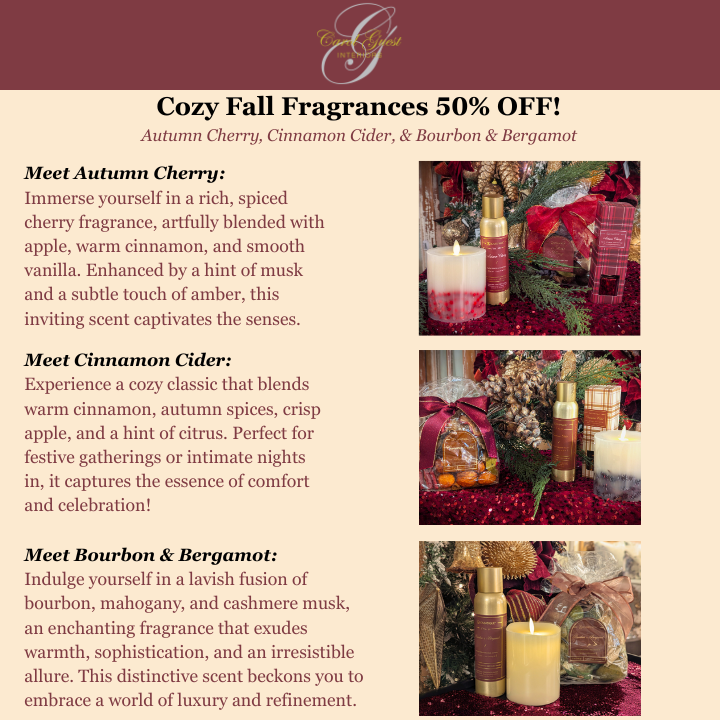 Meet Autumn Cherry: Immerse yourself in a rich, spiced cherry fragrance, artfully blended with apple, warm cinnamon, and smooth vanilla. Enhanced by a hint of musk and a subtle touch of amber, this inviting scent captivates the senses.