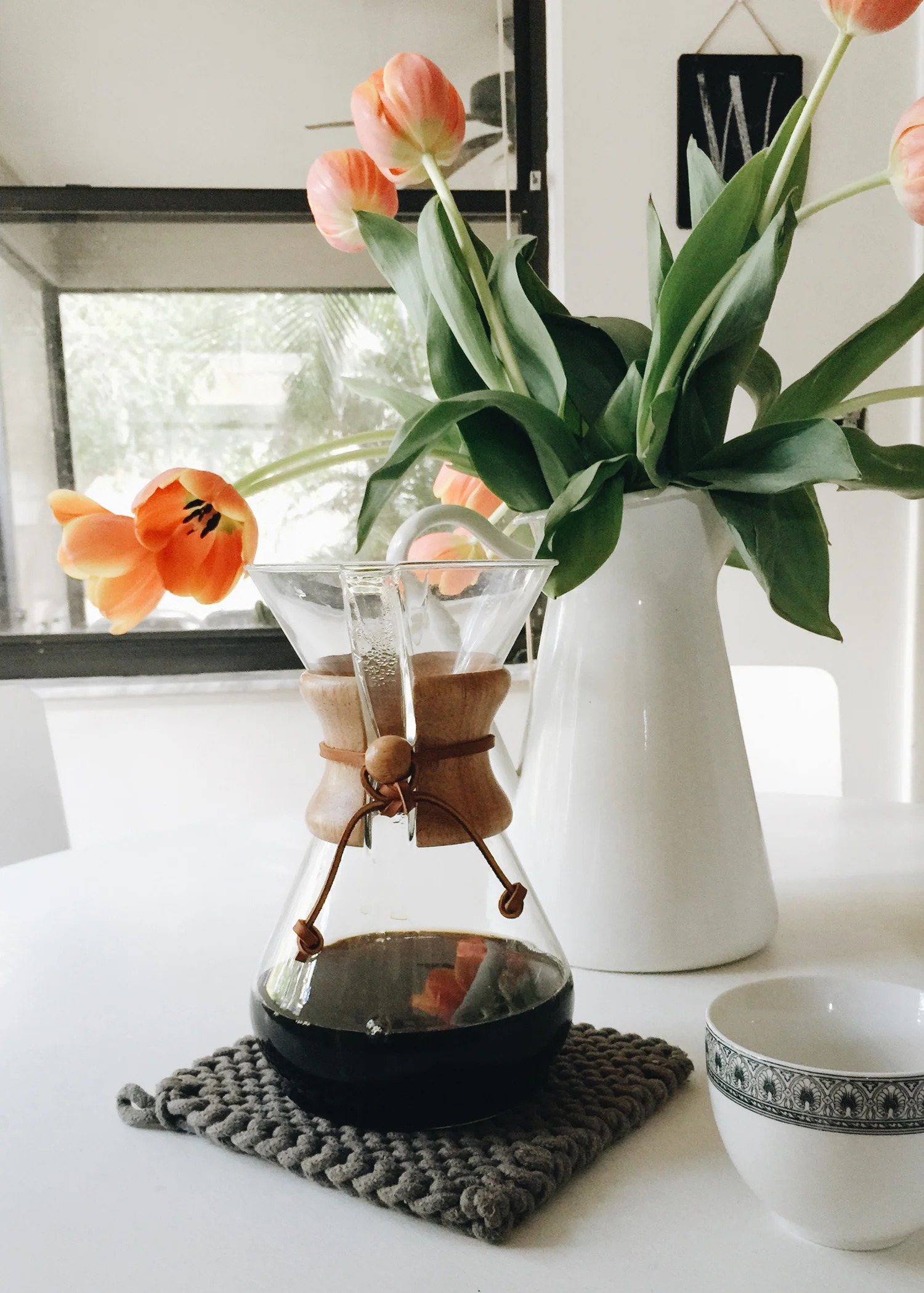 Chemex and tulips