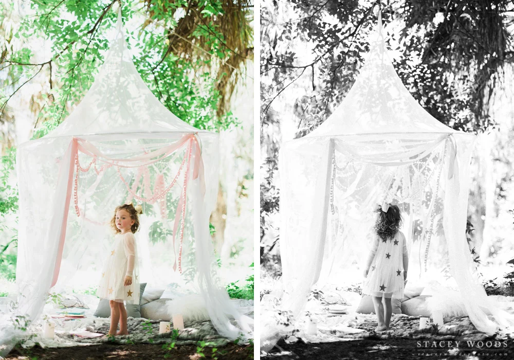 Outdoor kids photo session with tents and twinkly lights