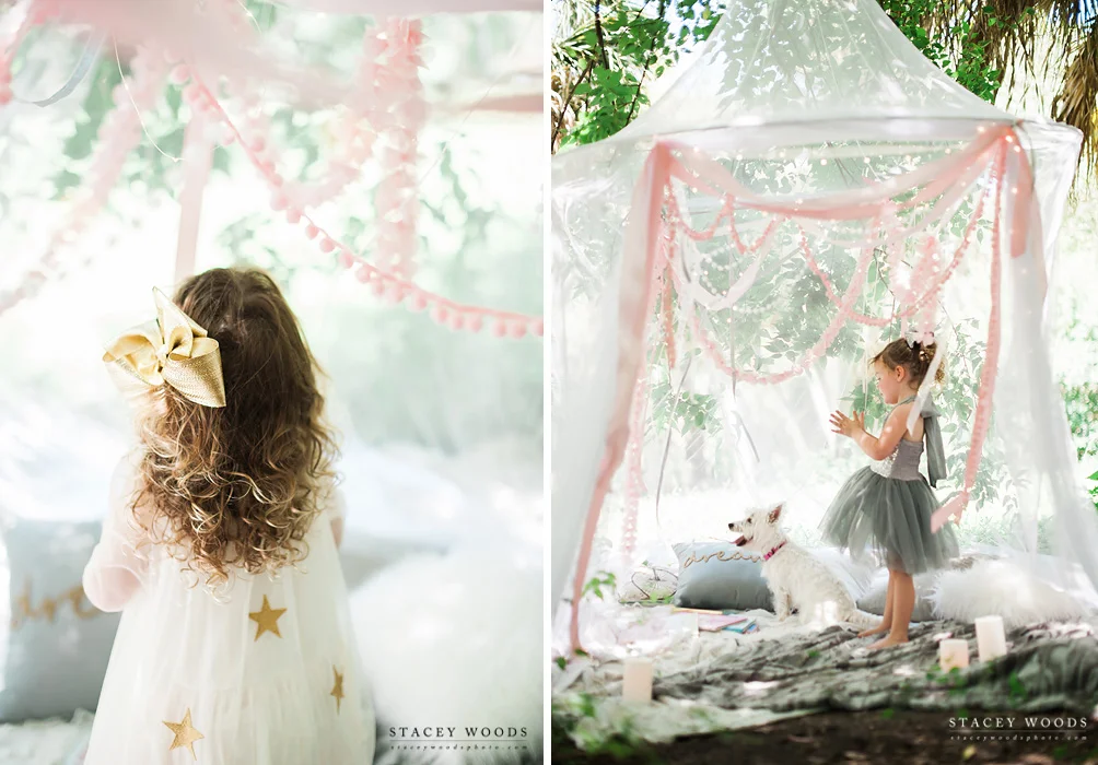 Lighted canopy photo session with ribbons and twinkle lights and little girls and puppies! || Stacey Woods, Florida children's photographer