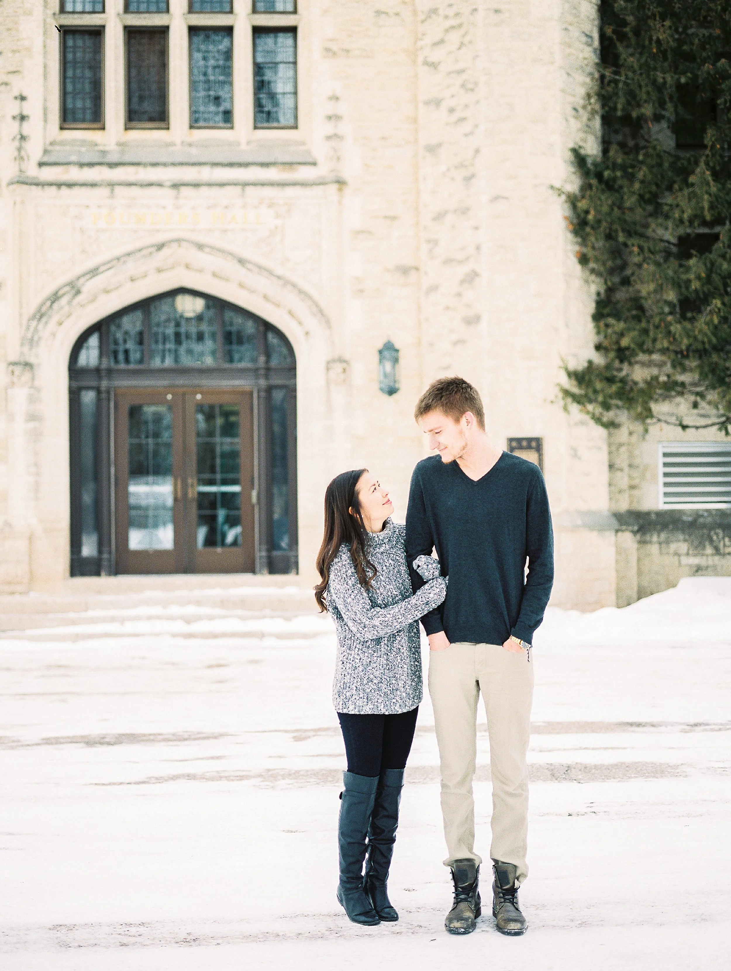 Light and airy film photographer - Winter couples photoshoot - Canadian Mennonite University - Keila Marie Photography