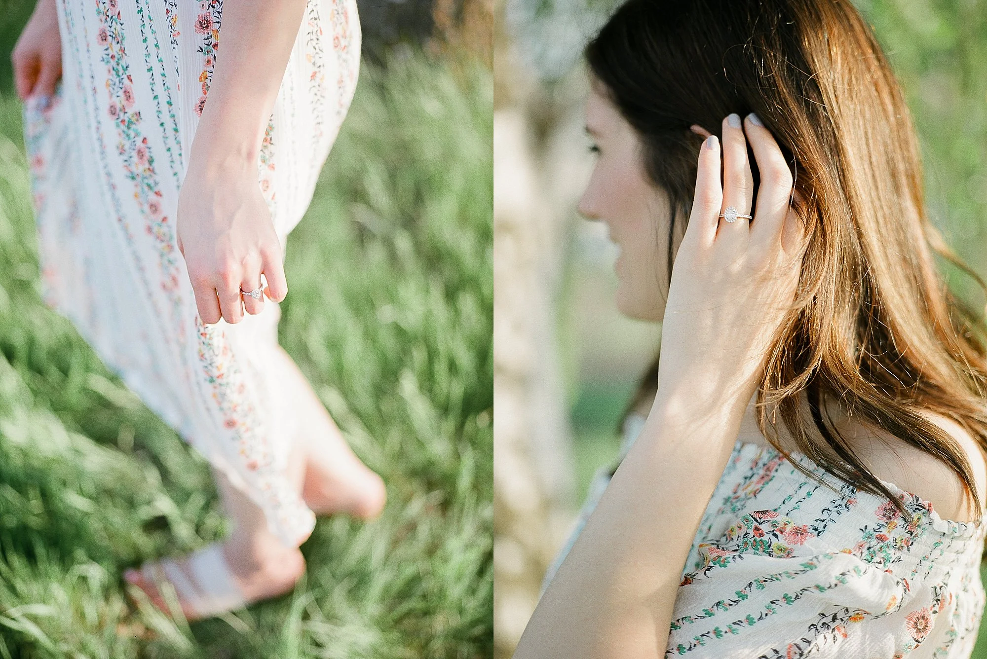 engagement ring, outfit ideas for engagement photos, trendy cute floral dress, canadian brand flowy summer dress
