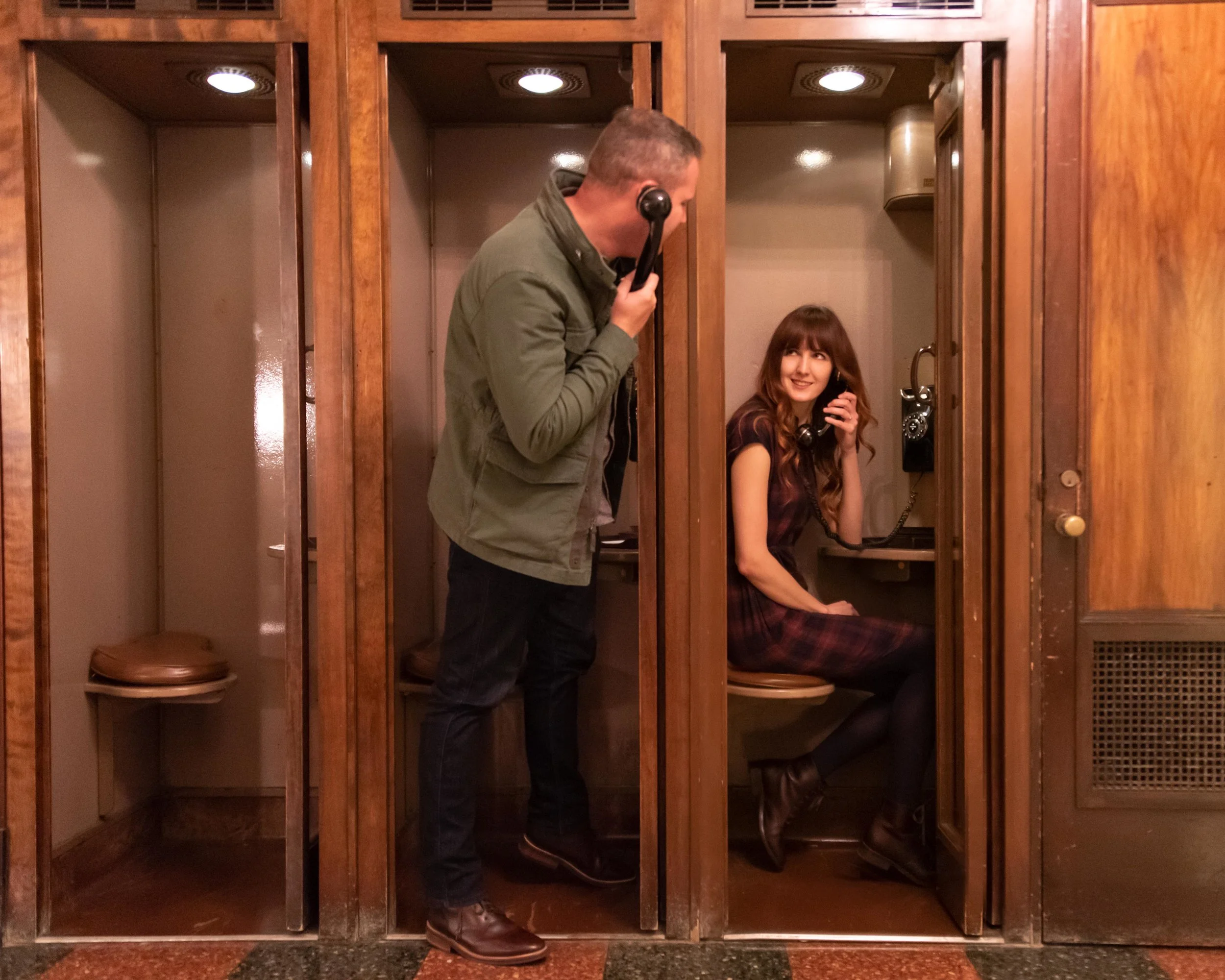 Vintage phone booths in the lobby.