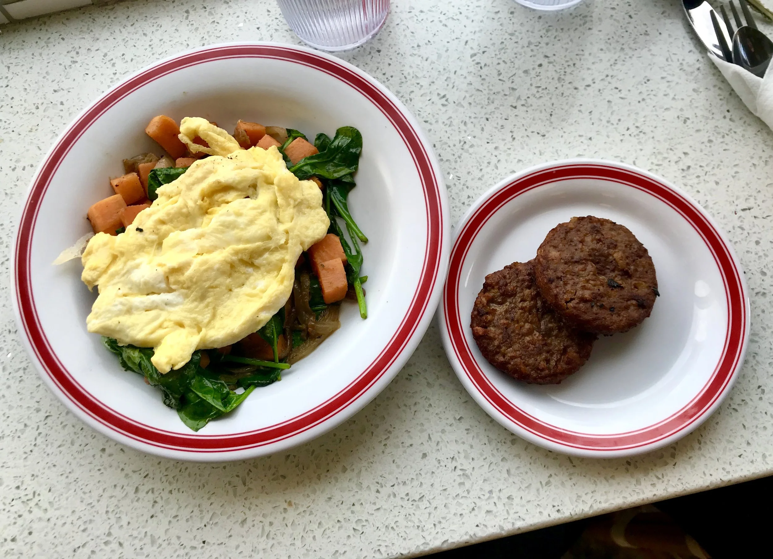 Sweet potato hash and vegan sausage