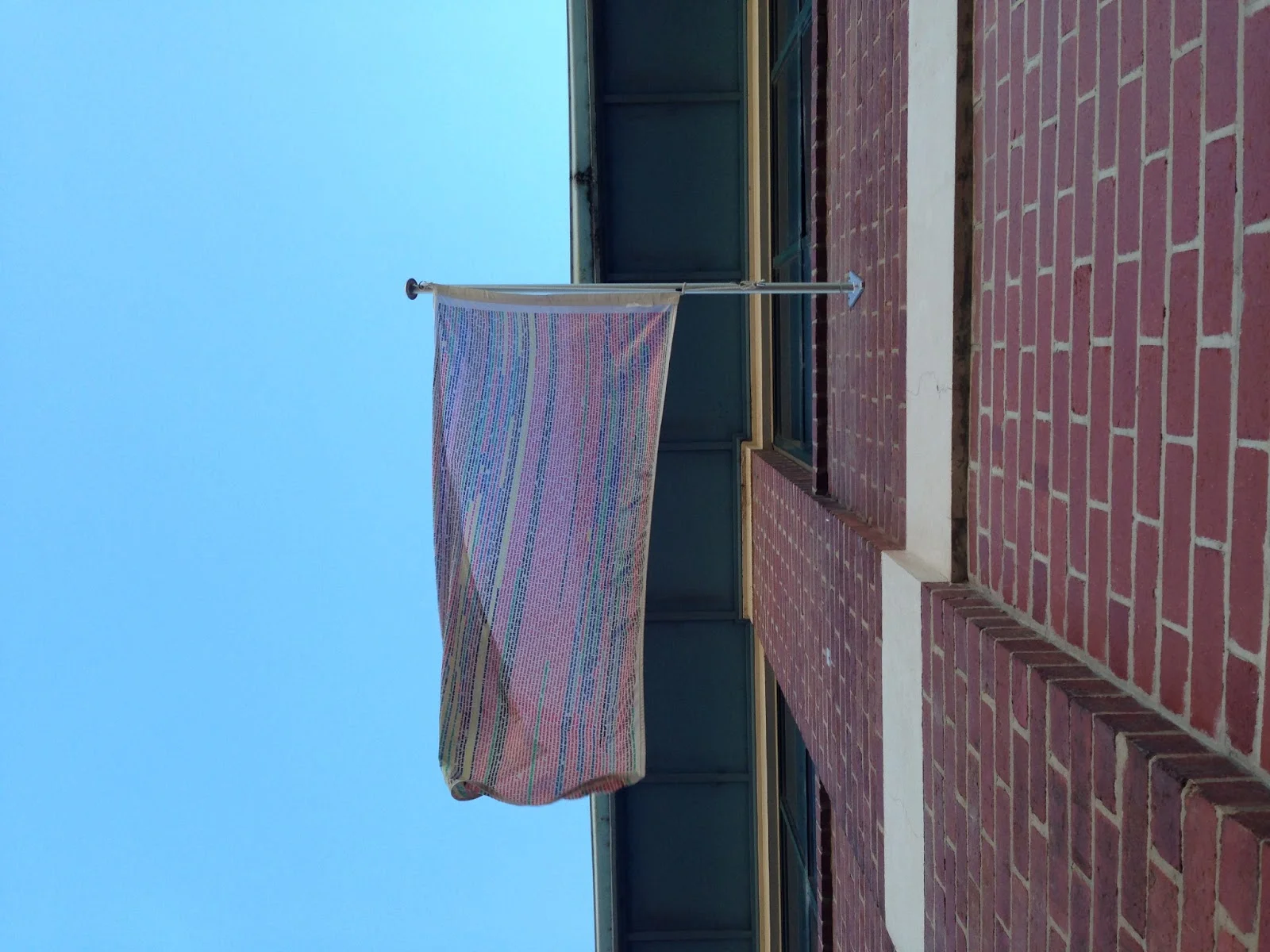  Sam George and Lisa Radford   Google Wave  2012  digitally printed flag, flag pole, VCA external wall.  Installed as part of Christopher LG Hill's   Third/Fourth Melbourne artist-Facilitated Biennial  Margaret Lawrence Gallery 31 May – 23 June, 2013