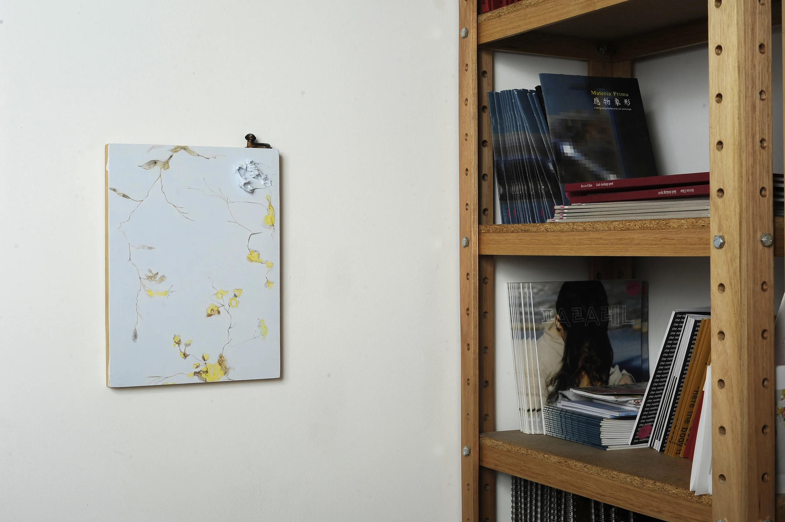   Furniture Painting (Rob's Wallpaper &amp; Dachshund)  2013  acrylic on ply, ceramic Dachshund 