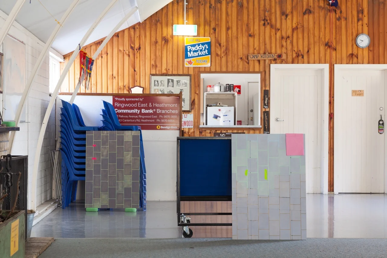  with Simon McGlinn,&nbsp; Furniture Paintings (Bricks &amp; Beheadings) ,&nbsp;acrylic on board, sponges, $2 shop cloths, text by Simon on pinboards, Girl Guides Hall, Ringwood.&nbsp;  Installation view from   The Big East (Bigger)  , 2014 ,&nbsp; c