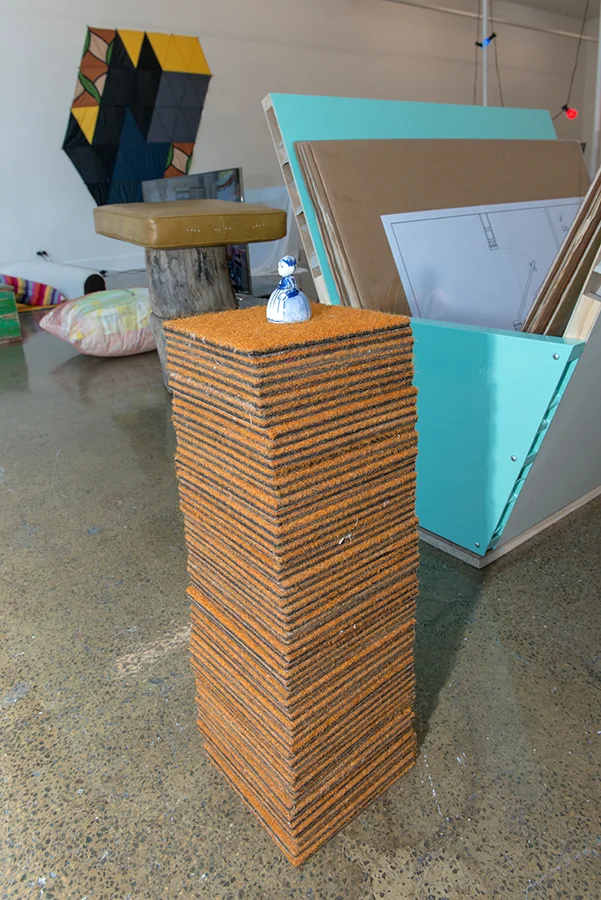 Koji Ryui, Bell , 2014, carpet squares, found ceramic bell, stud. Courtesy the artist and Sarah Cottier Gallery.