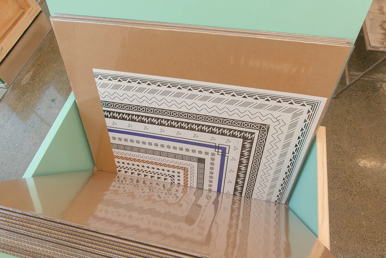 Spiros Panigirakis Opening , 2016, medium density fibreboard, cardboard, digital print on paper, acrylic, steel fasteners, synthetic polymer paint. Courtesy the artist and Sarah Scout Presents.