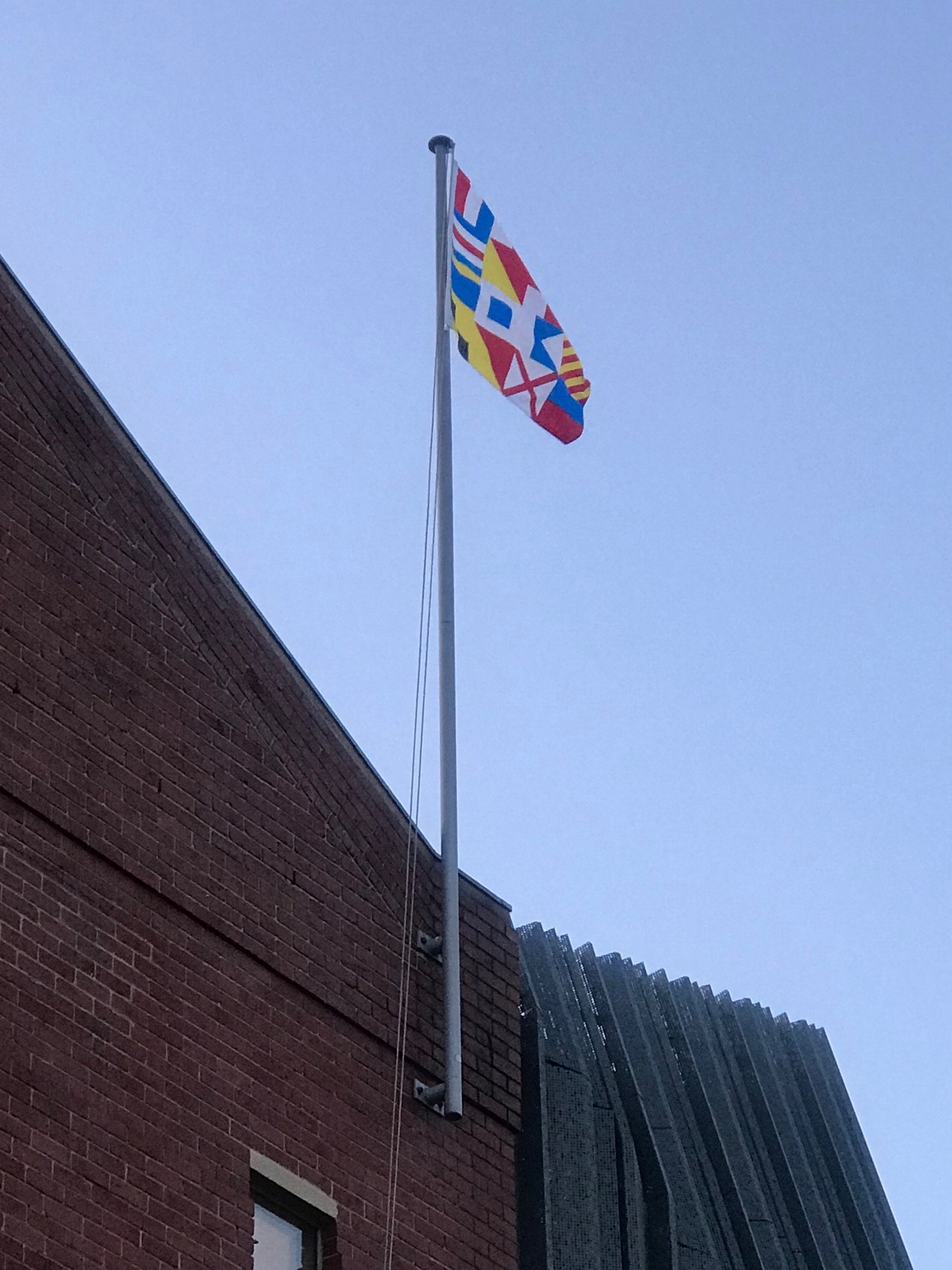 International Signal code (How to turn a ship around) 2018, Screen print on cotton, 1200 x 1200mm Paralleling How to turn a ship around (We can say love) at the Ian Potter Museum, this work was commissioned by Bus Projects for their fundraiser with support of Stewart Russell, Spacecraft. One of the flags was raised as part of the ‘Top of the World’ series hosted by Wardell Architecture above both the gallery and spacecraft studio.