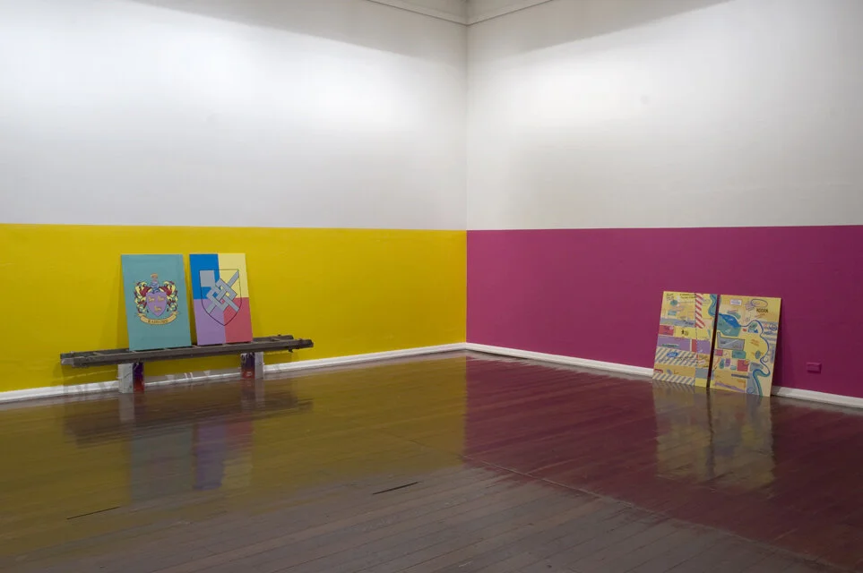   Maps &amp; Coats of Arms (with Charles Radford),  2005  acrylic on mdf, ladder, 20 litre paint tins 