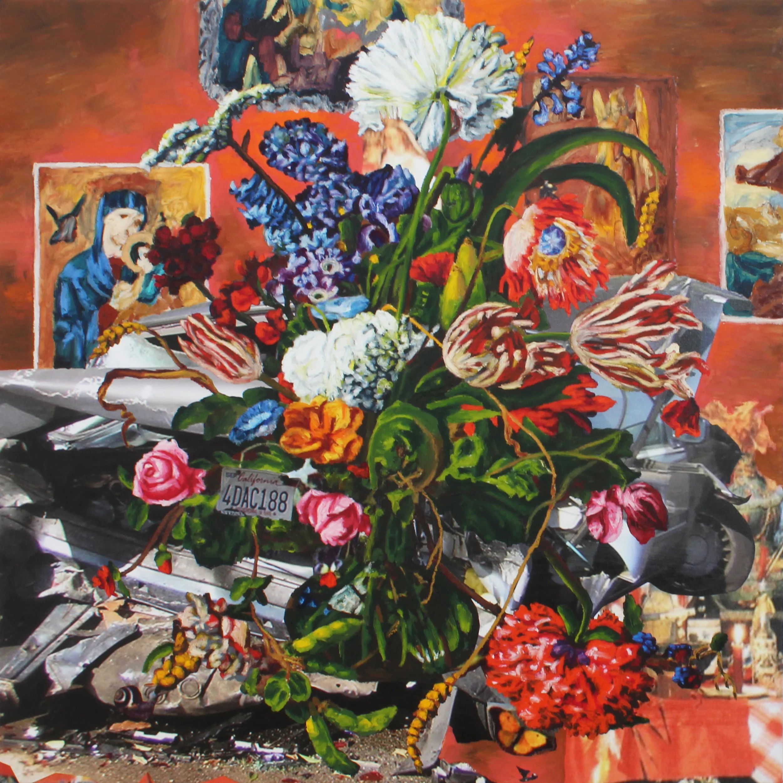 Flowers for an Orange Disaster, 2016, Ink jet and oil paint on canvas, 30 x 30 inches