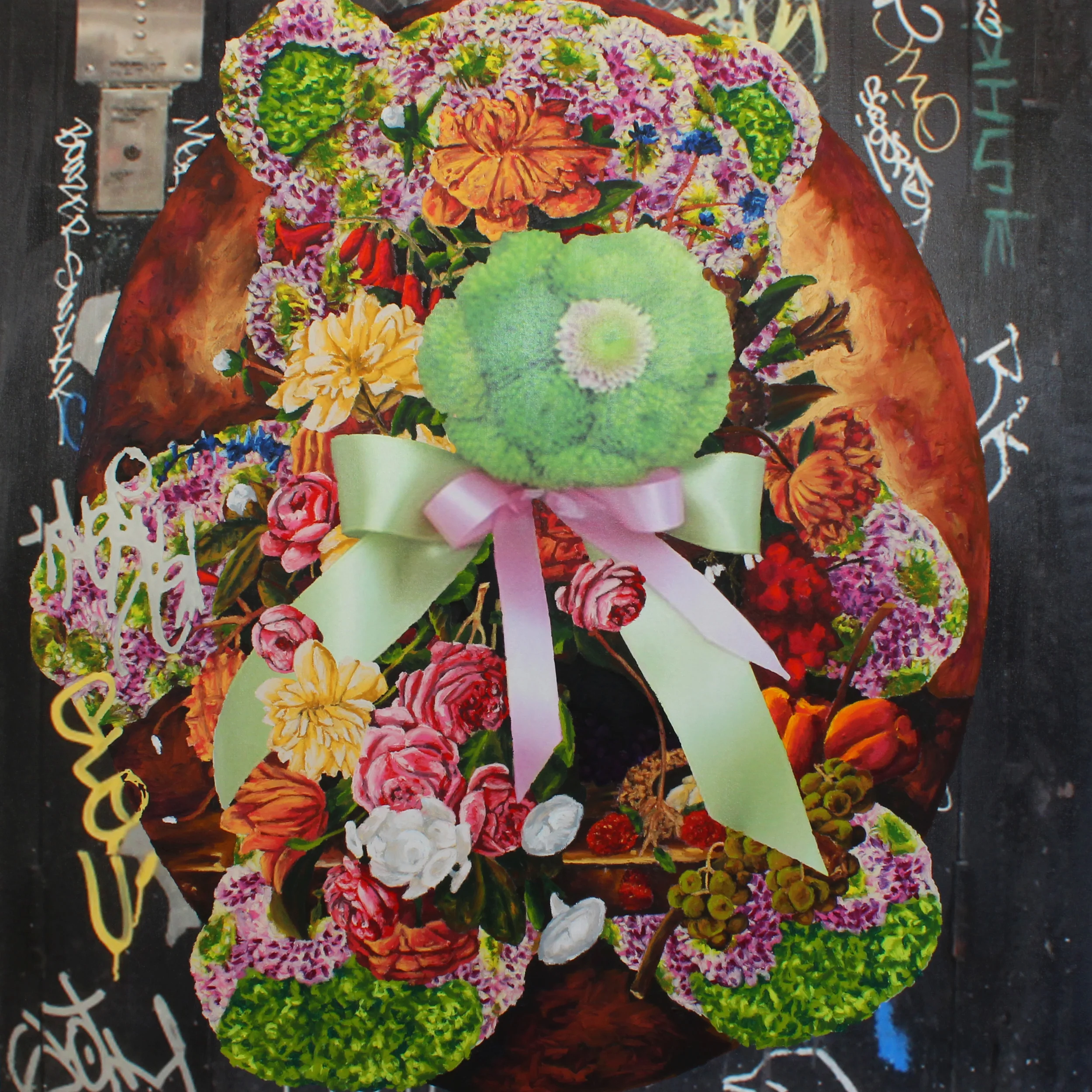 Flowers for Julian, 2016, Ink jet and oil paint on canvas, 42 x 42 inches
