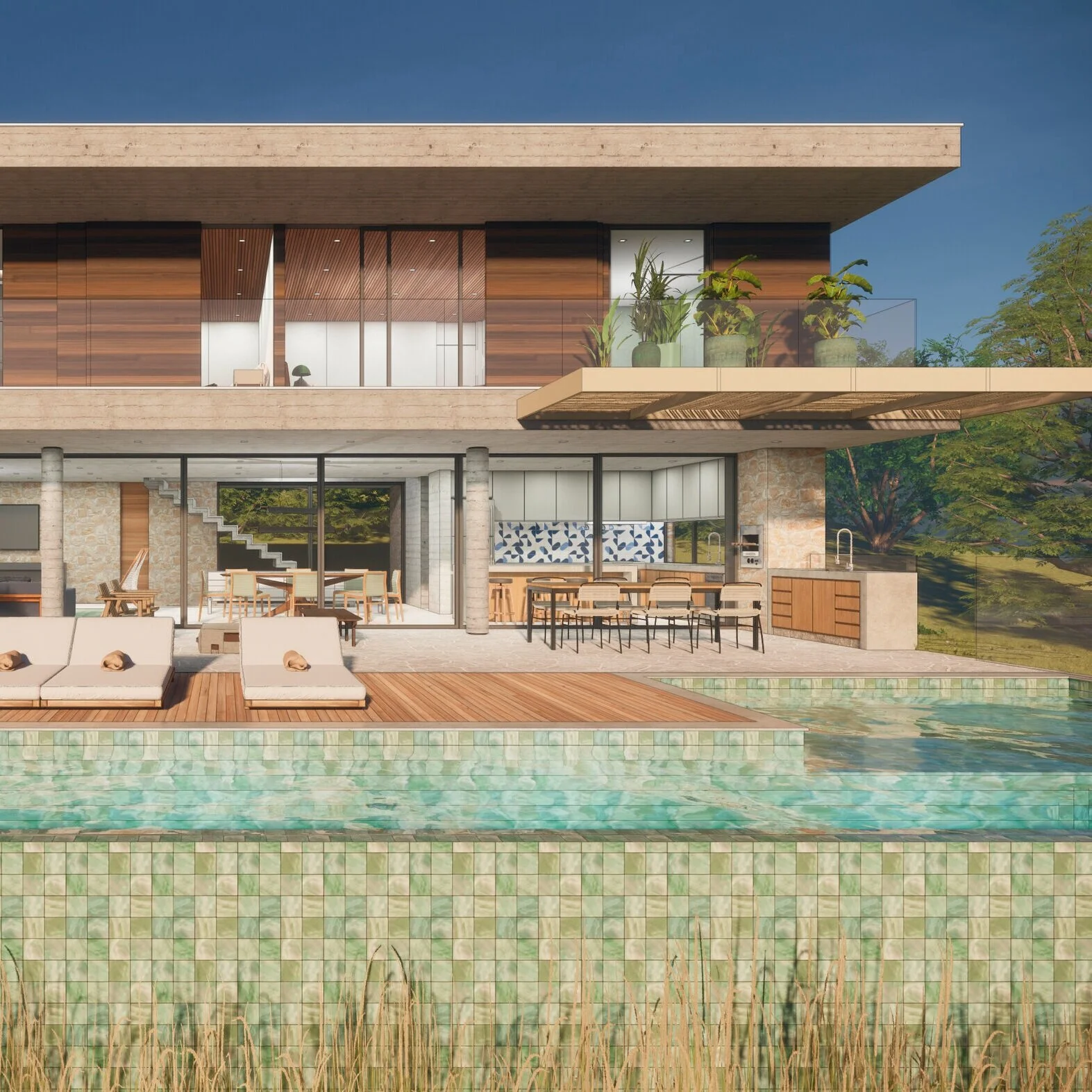 RESIDÊNCIA CONTEMPORÂNEA EM CONCRETO, MADEIRA, PEDRA E VIDRO