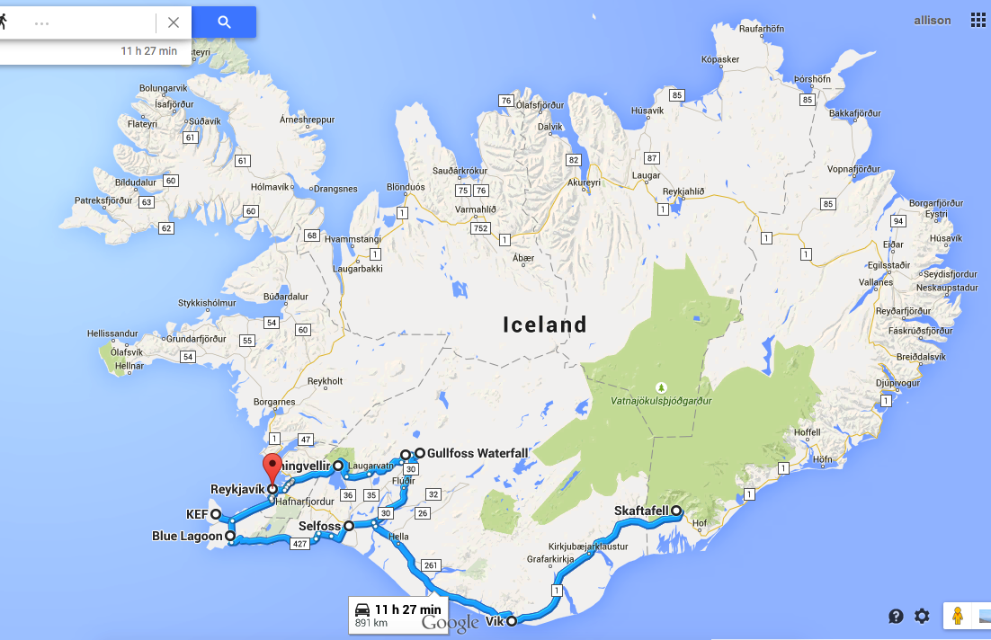 KEF > Reykjavik > Golden Circle > Vik > Skaftafell > Selfoss > Reykjavik > Blue Lagoon