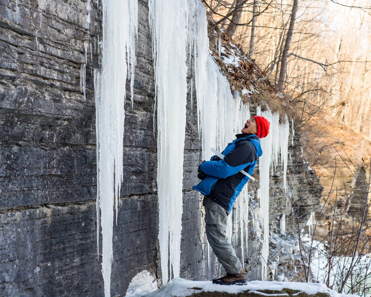Paul pretending to be impaled by an icicle