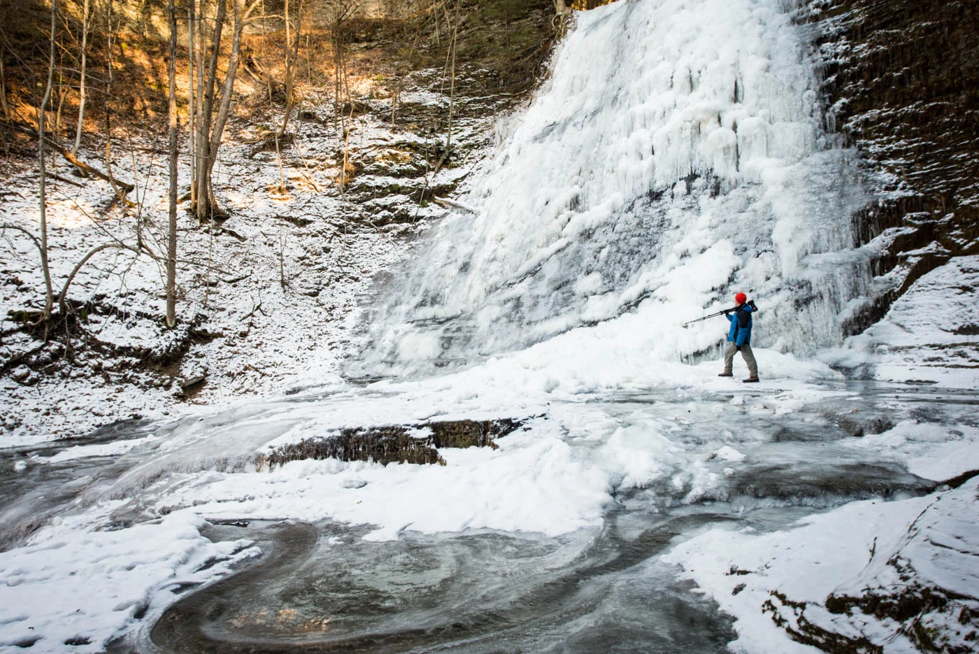 Lick Brook Falls; Paul for scale