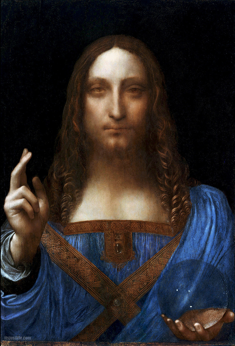  Salvator Mundi   c. 1490-1519    Oil&nbsp;on&nbsp;walnut    45.4&nbsp;cm ×&nbsp;65.6&nbsp;cm (25.8&nbsp;in ×&nbsp;17.9&nbsp;in)    Private collection, New York City  