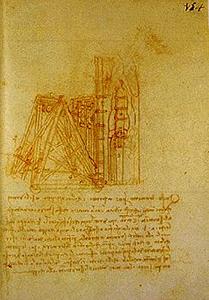  Machine for transporting the mould of the Sforza monument and lowering it into the melting-pit. Madrid Ms. II (BNM), c. 154r