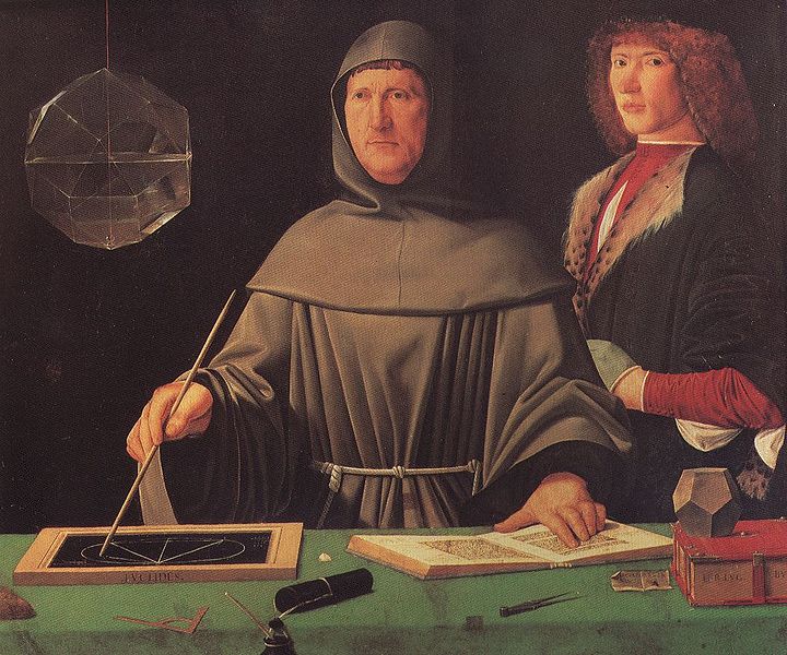probably by Jacopo de' Barbari . The other guy is potentially Durer. He also looks similar to the Man in Leonardo's "The Musician" - there is something weird about him!