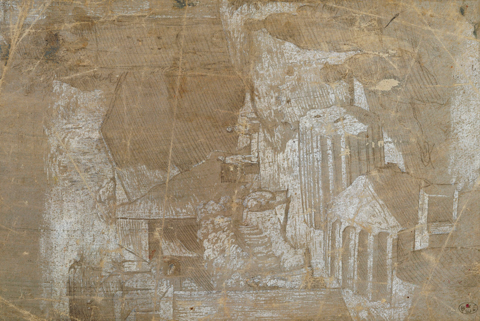 A landscape with figures and the ruins of a column