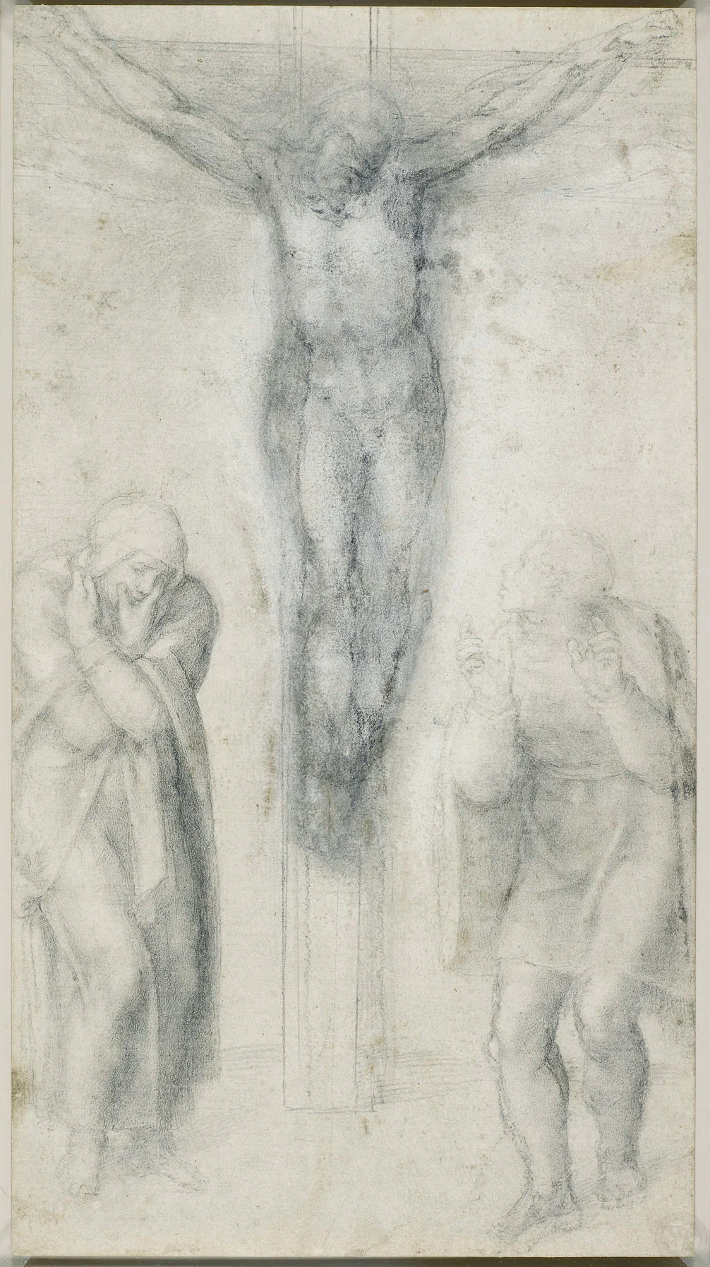 c.1562 Black chalk 38.2 x 21.0 cm A drawing of the crucified Christ upon a T-shaped cross, flanked by the Virgin Mary on the left, and St John on the right.