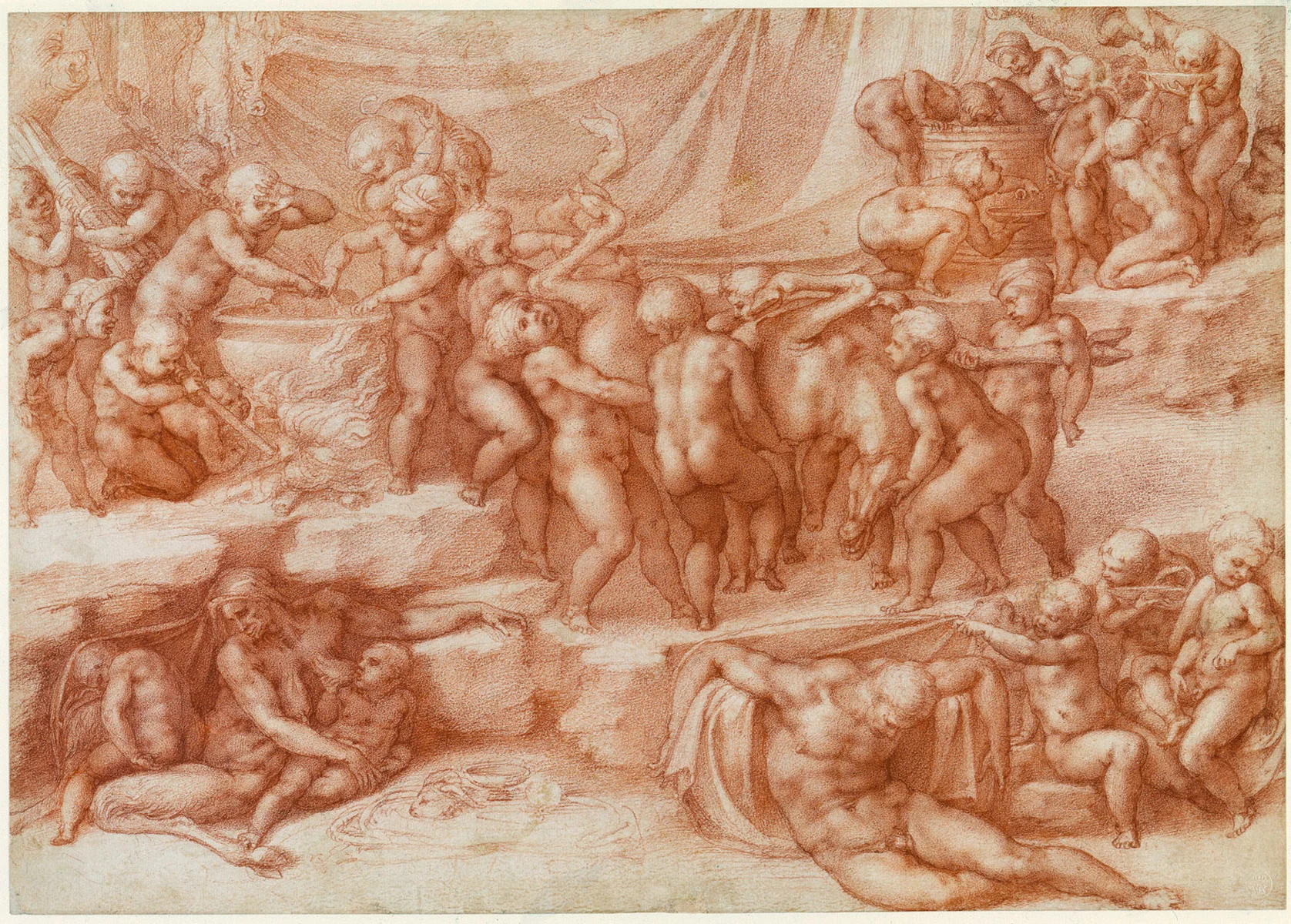 1533 Red chalk 27.4 x 38.8 cm Reference(s): Provenance: Presented by the artist to Tommaso de' Cavalieri; after whose death, 1587, acquired by Cardinal Alessandro Farnese; Royal Collection by c.1810 (Inventory A, p. 45, Mich: Angelo Buonaroti Tom. II, '3. Several Boys carrying a dead Monster, One with a Pig; some boiling a Caldron, other in Groupe in the foreground drinking; A female Satyr and two Children; one sucking her lank Breast, the other uncovering an Old Man a Sleep - perhaps the Emblem of Night - the subject very obscure, but the Drawing very Capital...Red Chalk.'). Description: Like the Fall of Phaeton, this ‘presentation drawing’ was executed by Michelangelo as a gift for Tommaso de’ Cavalieri. The level of finish is extraordinary, even by Michelangelo’s standards, and the sheet is almost perfectly preserved. The children represent the lowest state of humanity, devoid of reason (also denoted by the drunken slumber of the only adult human) and acting in a semi-animal manner, made explicit by the satyress suckling at lower left. This drawing of A Children’s bacchanal was executed by Michelangelo as a gift for his friend Tommaso de’ Cavalieri. Vasari (who knew Michelangelo well) mentioned it last among the four sheets made for Cavalieri in 1532-3, and as some of the figures in the composition were copied by Michelangelo’s Florentine assistant Raffaello da Montelupo, it must have been begun before Michelangelo left Florence for Rome for the last time, in October 1533. The level of finish is extraordinary, even by Michelangelo’s standards. Working mainly with the sharpened point of the chalk, the artist maintained a consistent level of exquisite workmanship across the whole of the densely figured sheet. The state of preservation of the sheet is almost perfect, except for a little trimming around the edges as shown by early engravings after the drawing. The scene is a cave or other rocky setting hung with drapery. At upper left, children stir a cauldron, while others stoke its fire; beyond hang a hare and the head of a boar, a small boar is borne on a child’s shoulders, and at the centre a group struggle to carry in a deer. At upper right is a wine butt, from which some children drink, while another urinates into a wine bowl that is doubtless to be offered to one of his companions. Below, a man sleeps, apparently under the effect of the wine, while to the left an old satyr-woman suckles a child. No textual source is known for the imagery, but the meaning is clear. The infants represent the lowest state of humanity, devoid of reason (also denoted by the drunken slumber of the only adult human) and thus acting in a semi-animal manner, made explicit by the satyr-woman. At one level this is a standard Neoplatonic theme; less seriously, it may also be possible to see in the drawing a warning from the austere Michelangelo to the adolescent Cavalieri about the perils of drink. Many of the motifs are derived from antique sarcophagi of children, of which several were known in the sixteenth century. While the echoes of Raphael’s Entombment of 1507 (now Galleria Borghese, Rome; then in San Francesco al Prato, Perugia), in the opposed straining of the central group, may be thought of as generic, the kneeling putto at upper right replicates the complex pose of the holy woman at the lower right of that painting, turned through ninety degrees. This is not a simple quotation: Michelangelo was repaying a compliment, for Raphael had taken his figure from the Virgin in Michelangelo’s Doni Tondo (Uffizi), also turning her through ninety degrees. In effect, Michelangelo was here replicating the pose of his own Doni Virgin, seen from behind. That Raphael was an intermediary in this transformation is demonstrated by the echoes of the Borghese Entombment in a double-sided drawing by Michelangelo in Bayonne. On the recto of that sheet is a Lamentation - actually little different in iconography from Raphael’s painting, which is in fact a Lamentation and carrying of Christ’s body to the tomb - that quotes Raphael’s composition directly in at least two elements; on the verso is what appears to be a preparatory sketch for the Children’s bacchanal, showing a group of putti around (and some climbing into) a large wine vat, with a recumbent male nude immediately to the left. Catalogue entry adapted from The Art of Italy in the Royal Collection: Renaissance and Baroque, London, 2007"