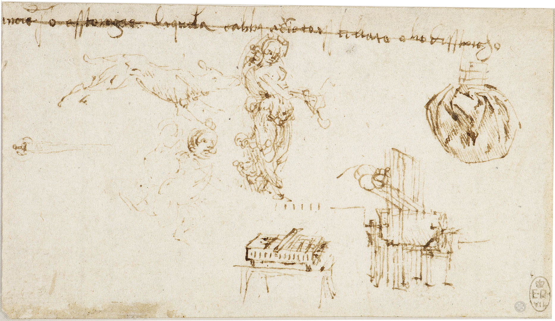 Miscellaneous studies, including a nymph, a wolf, a flying putto, machines, and drapery