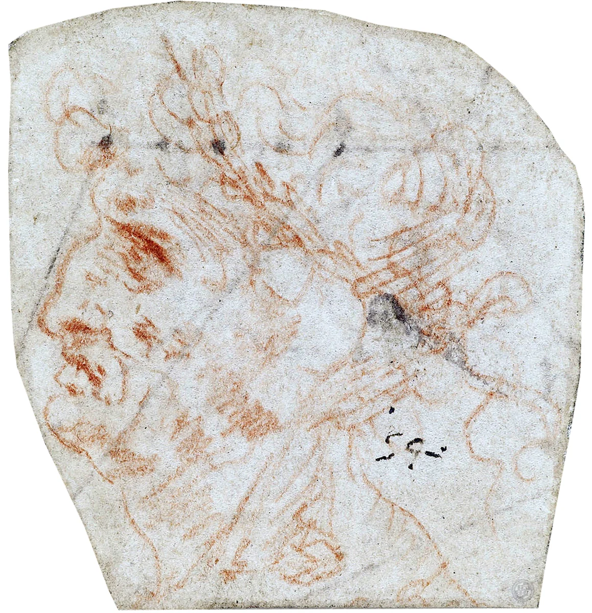 c.1510 Recto: Red chalk. Verso: Pen and ink 4.7 x 4.5 cm Description: "Recto: a drawing of the head of an old man of the classical type, turned in profile to the left. He is crowned with a wreath of laurel (Laurus nobilis). Verso: part of a geometric diagram, with the letters 'a b' in Leonardo's hand. This may be a fragment from the Codex Atlanticus, folio 299 recto-a."