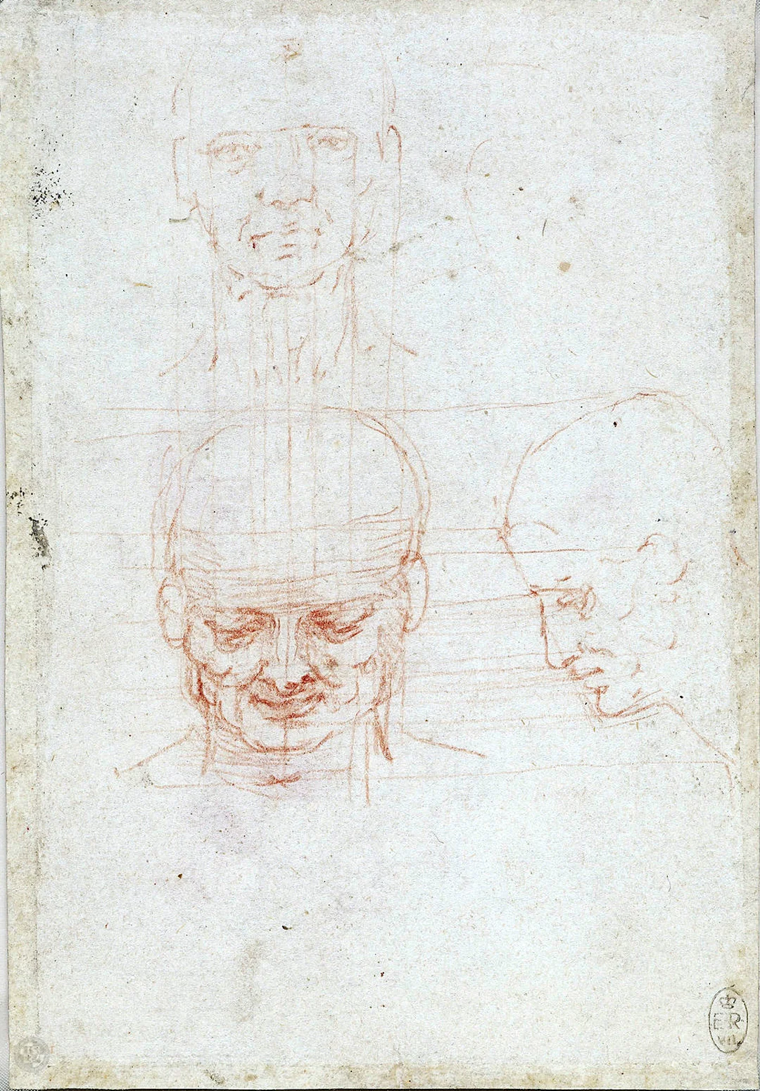 c.1492 Red chalk 13.5 x 9.3 cm " Three drawings of a man's head arranged to show its proportions in foreshortening. The one above is full face, the one below it full face looking down, and the one to the right is turned in profile to the left, looking down."