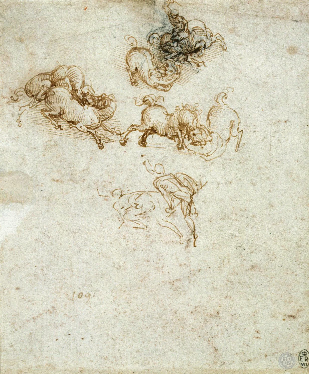 c.1503-4 Pen and ink with traces of black chalk 17.0 x 14.0 cm Description: "studies for The Battle of Anghiari, with soldiers and horses fighting; two figures of soldiers scrambling, with their backs to the viewer.