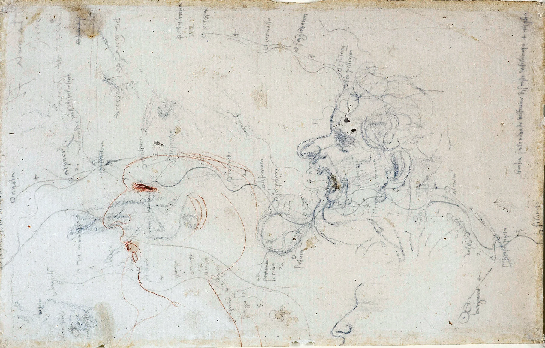 c.1510 Pen and ink. Dimensions: 28.6 x 18.0 cm Description: two and a half crudely-drawn heads and profiles, and four drawings of various figures, none of which are by Leonardo.
