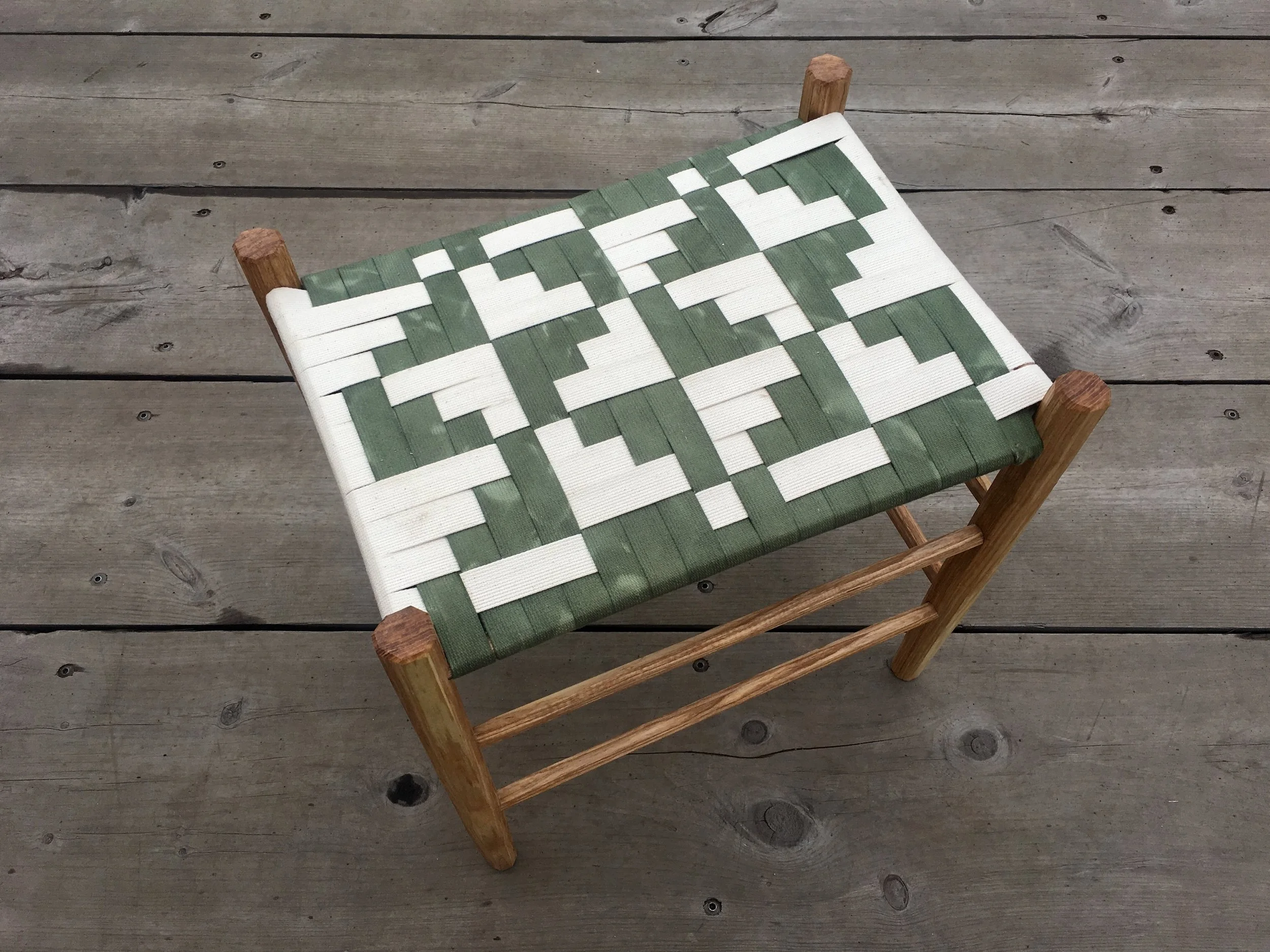 Post and rung stool made from ash and hand dyed shaker tape, 2019.