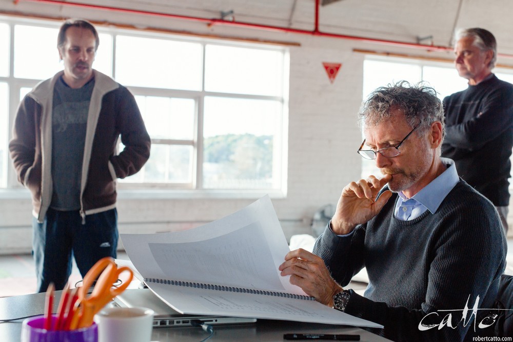  Danny Adcock, Noel Hodda, Jamie Oxenbould & Richard Sydenham rehearse with director Glynn Nicholas for Apocalypse Theatre's production of The Dapto Chaser, by Mary Rachel Brown, on Tuesday, 23 June, 2015.  The show takes place at Griffin Theatre fro