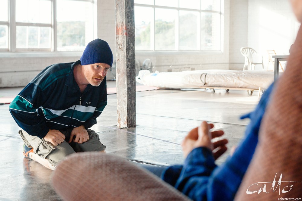  Danny Adcock, Noel Hodda, Jamie Oxenbould & Richard Sydenham rehearse with director Glynn Nicholas for Apocalypse Theatre's production of The Dapto Chaser, by Mary Rachel Brown, on Tuesday, 23 June, 2015.  The show takes place at Griffin Theatre fro