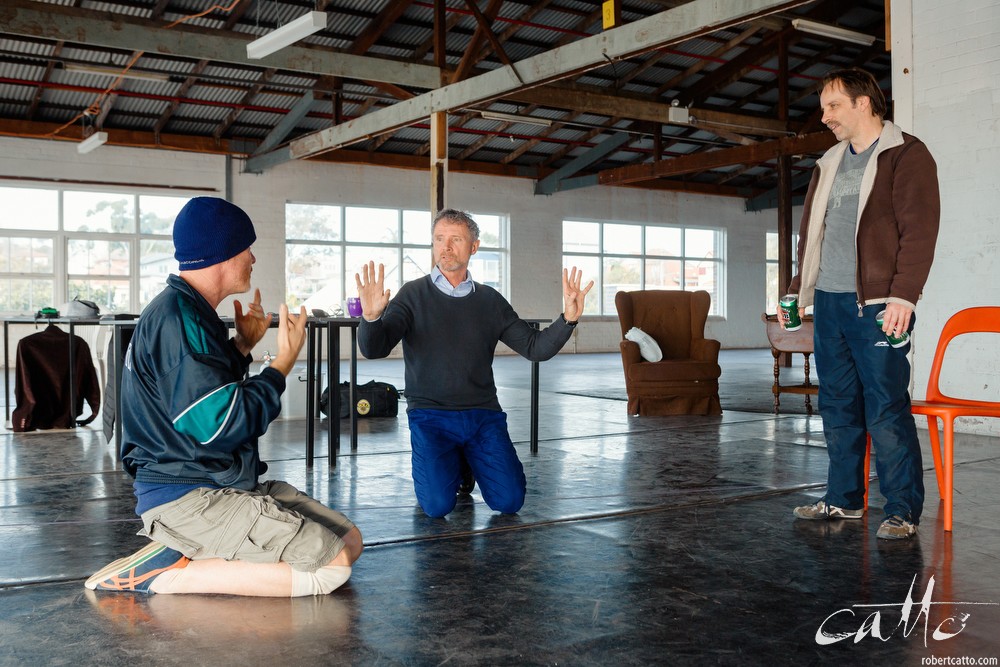  Danny Adcock, Noel Hodda, Jamie Oxenbould & Richard Sydenham rehearse with director Glynn Nicholas for Apocalypse Theatre's production of The Dapto Chaser, by Mary Rachel Brown, on Tuesday, 23 June, 2015.  The show takes place at Griffin Theatre fro