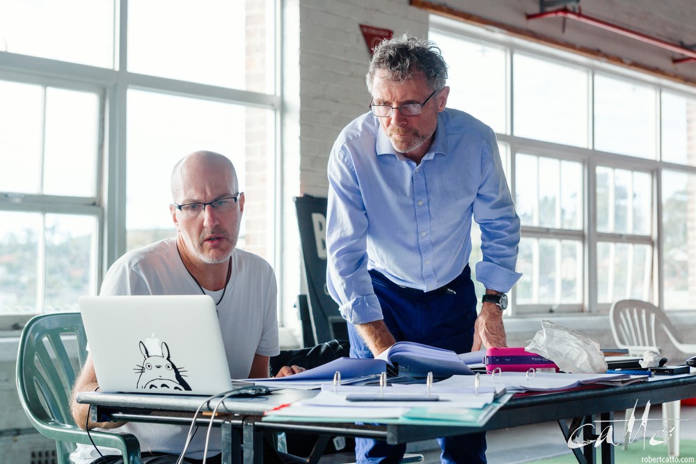  Danny Adcock, Noel Hodda, Jamie Oxenbould & Richard Sydenham rehearse with director Glynn Nicholas for Apocalypse Theatre's production of The Dapto Chaser, by Mary Rachel Brown, on Tuesday, 23 June, 2015.  The show takes place at Griffin Theatre fro