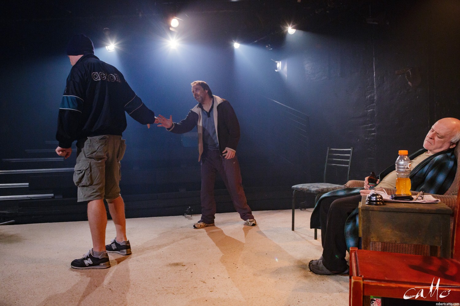 Danny Adcock, Noel Hodda, Jamie Oxenbould & Richard Sydenham rehearse with director Glynn Nicholas for Apocalypse Theatre's production of The Dapto Chaser, by Mary Rachel Brown, on Wednesday, 1 July, 2015. The show takes place at Griffin Theatre from 1 - 15 July, 2015. Photo by Robert Catto / robertcatto.com.
For the Sinclair family, the cut-throat world of greyhound racing is a religion. And their beloved dog Boy Named Sue is more than a greyhound; he’s their heart and soul on four legs. With the crucial Winnebago Classic on the horizon, Cess Sinclair has one shot at reversing his family’s fortunes for good. Against all the odds, he’s betting on a miracle.
The Dapto Chaser is warts-and-all Australian comedy that gets its hands dirty with the adrenaline, sweat and guts of the dog racing sub-culture. The Sinclairs are a family trapped in the pressure cooker of gambling addiction and when things don’t go to plan, they are forced to gamble the most important commodity of all – their relationship to each other.
Playwright Mary Rachel Brown wrote The Dapto Chaser perched in the bleachers track-side, while director Glynn Nicholas will be going on an all-schnitzel diet to get it over the line.
CREATIVE TEAM
Director: Glynn Nicholas
Producer: Dino Dimitriadis
Set and Costume Designer: Georgia Hopkins
Lighting Designer: Toby Knyvett
Sound Designer: Daryl Wallis
Stage Manager Cara Woods