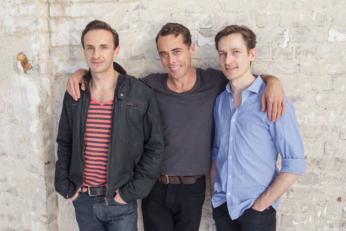 Angels In America cast members Marcus Graham, Luke Mullins and Mitchell Butel at the Belvoir rehearsal space in Surry Hills, New South Wales.