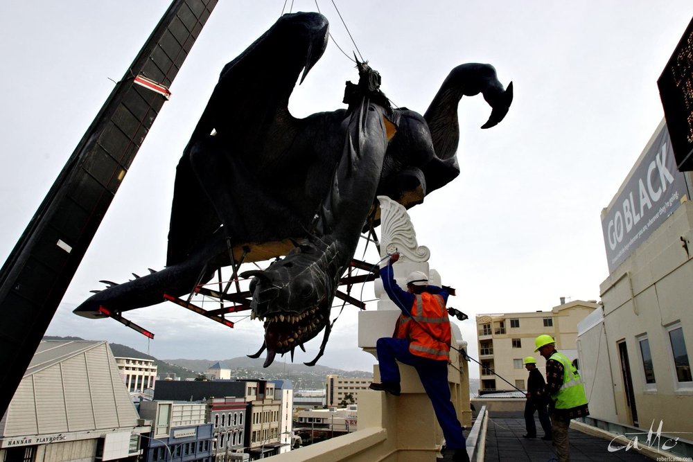  The Fell Beast with Dark Rider is installed on the Embassy Theatre in Wellington before the World Premiere of The Lord Of The Rings: The Return Of The King in 2003. 