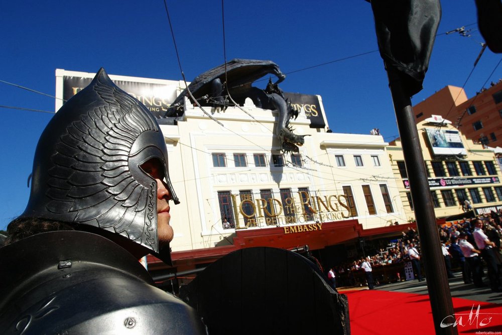  A lone Gondorian stands guard on the red carpet at the World Premiere of The Lord Of The Rings: Return Of The King on Dec 1, 2003. 