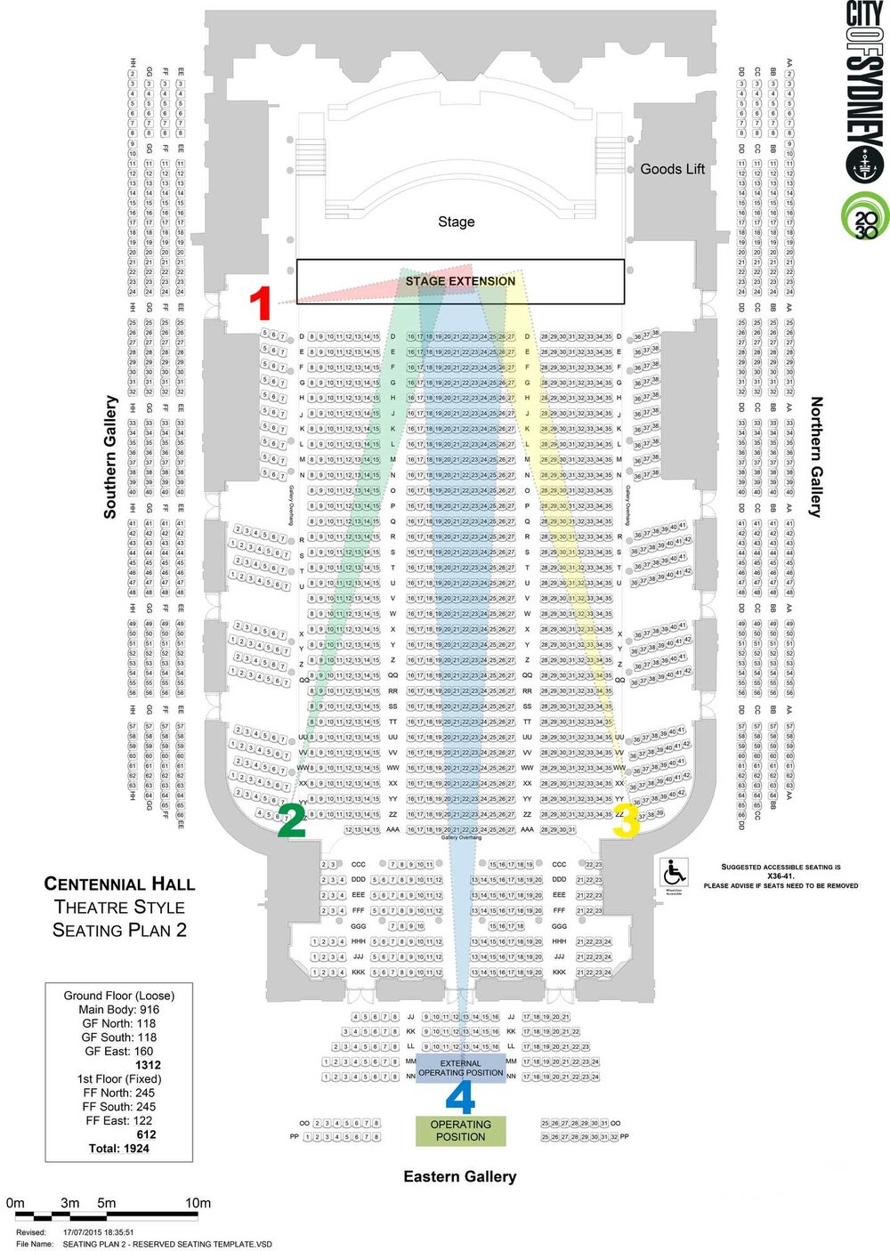  Scale plan of Sydney Town Hall, showing my positions for photographing Carmina Burana. 