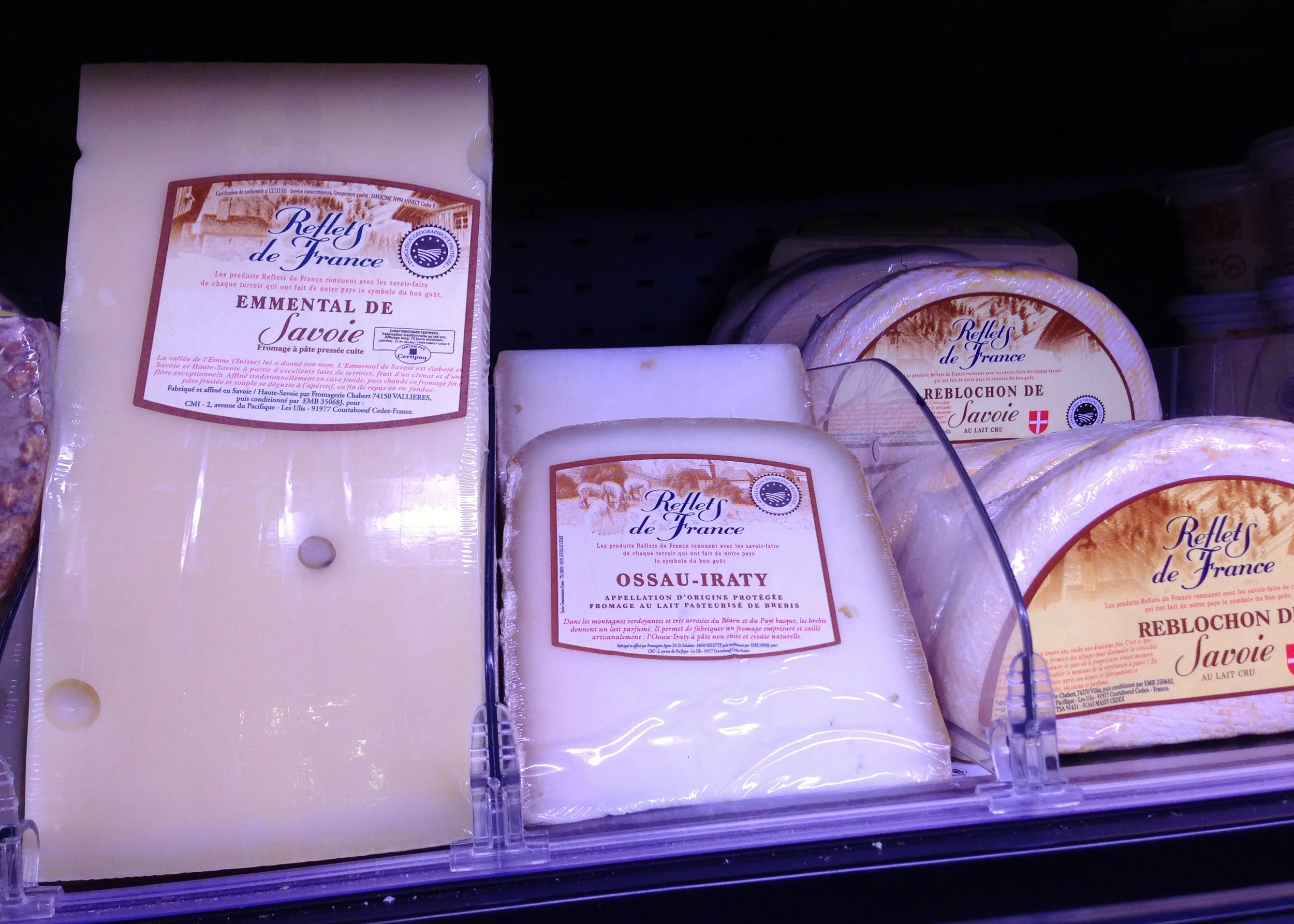 Ossau-Iraty in a refrigerated display at the supermarket.