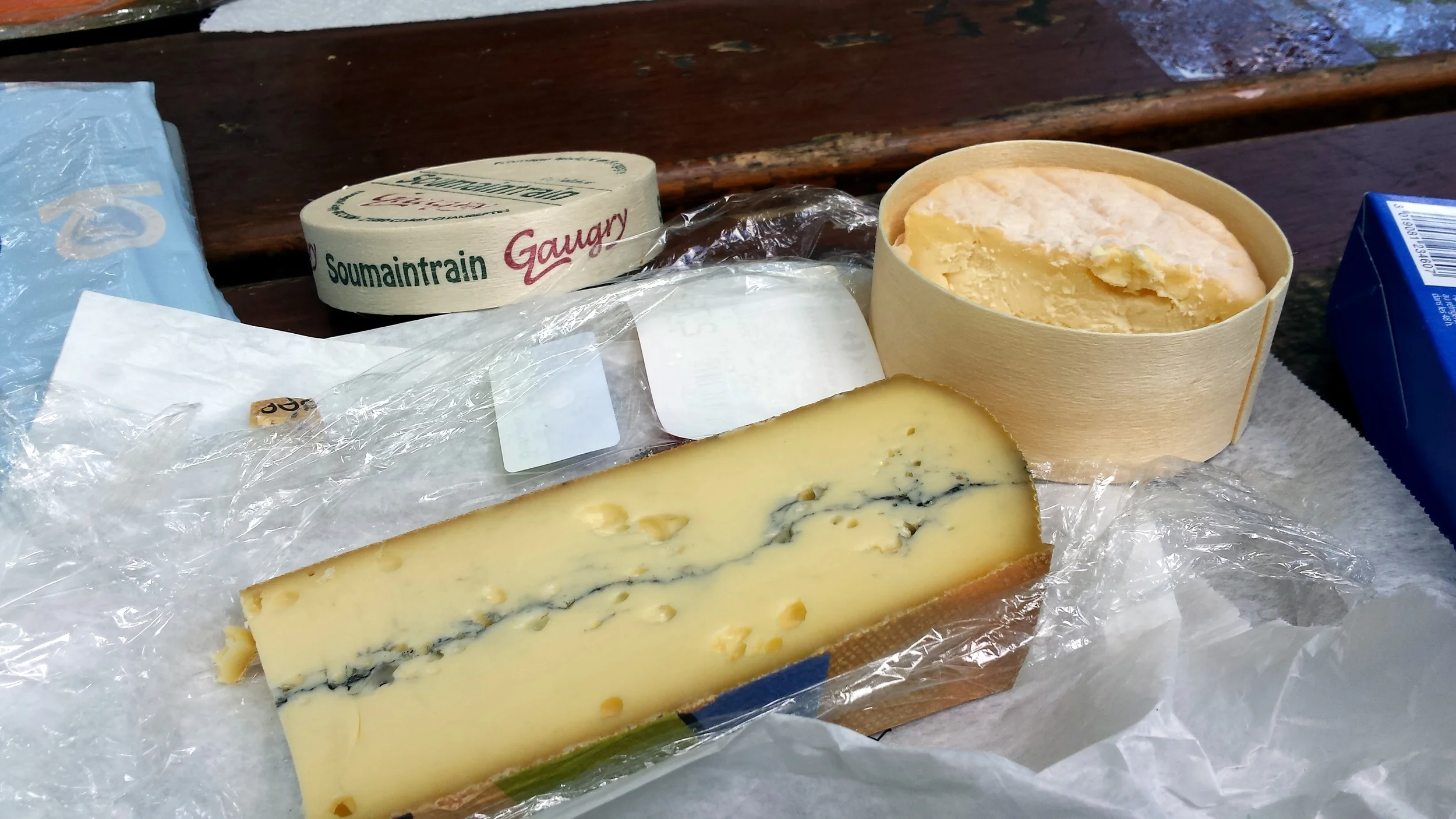 Soumaintrain and Morbier . It's supermarket cheese, but it was still pretty good.