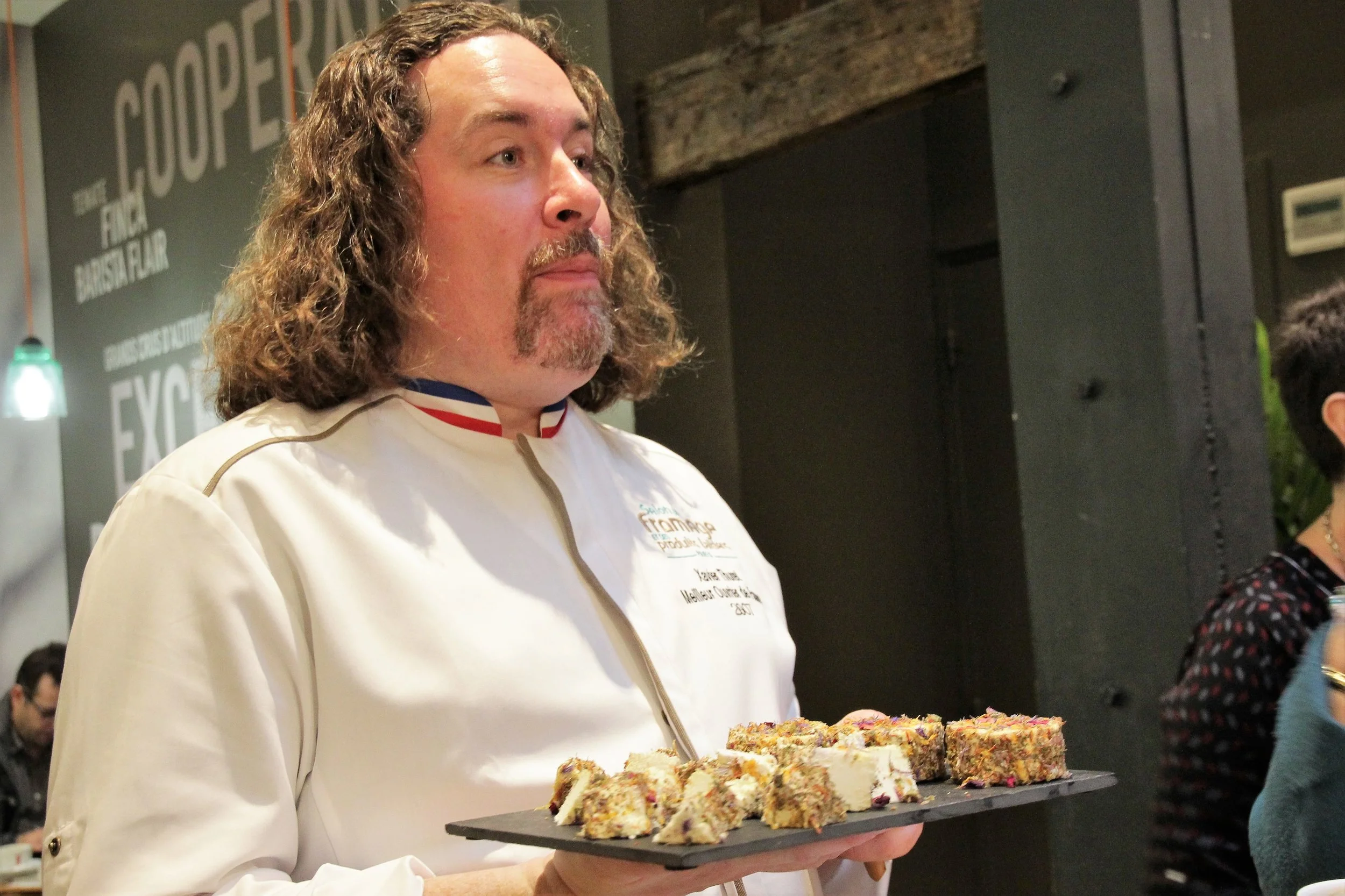 The Cheese Guru himself, Xavier Thuret. The colors of the French flag on his collar mark him as a Meilleur Ouvrier de France, i.e., one of the best in his profession in all France.