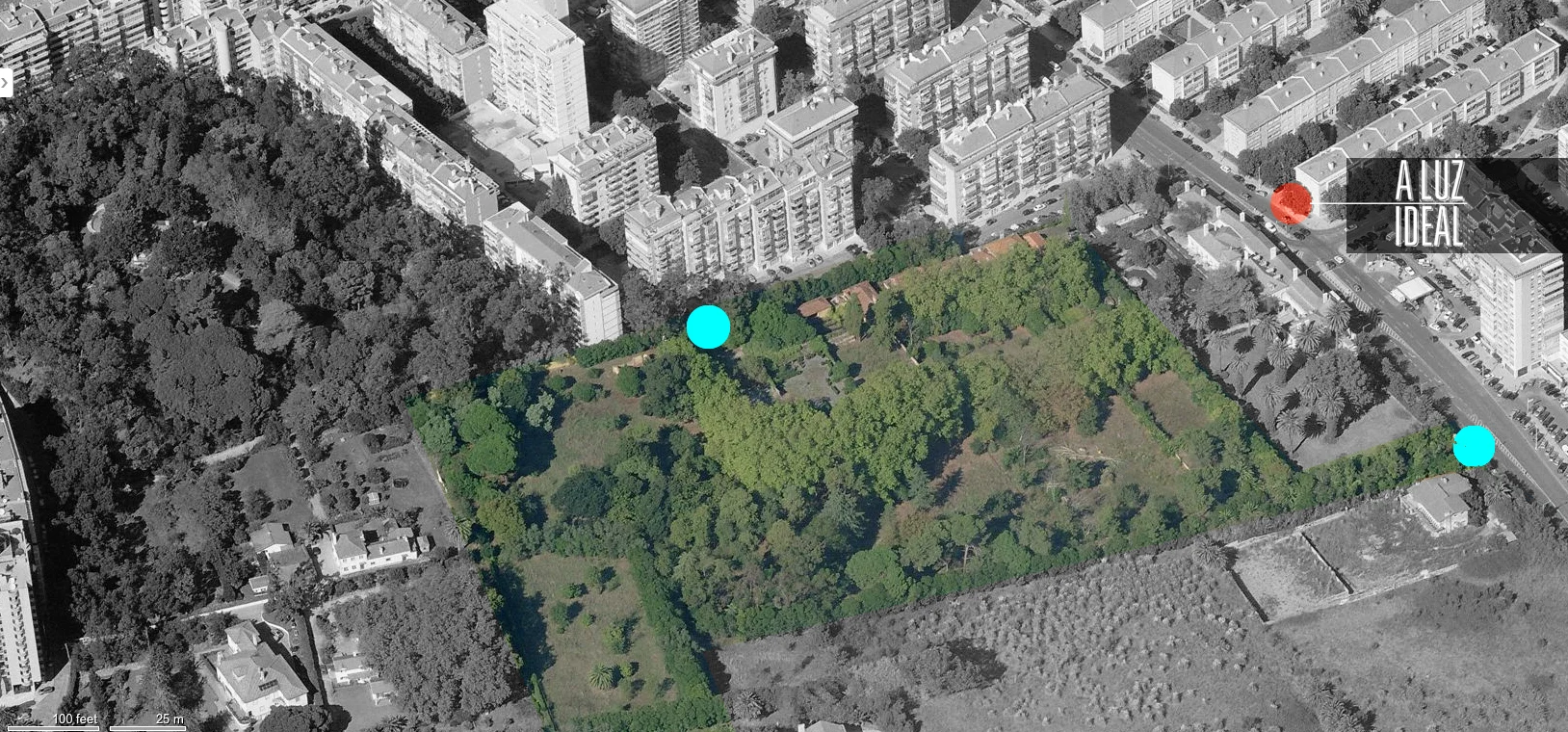 Vista aérea do Parque Bensaúde. A vermelho a localização d' A Luz Ideal, a azul a localização das entradas do parque (à direita o acesso pela Estrada da Luz, ao centro o acesso pela Rua Francisco Baía.)
