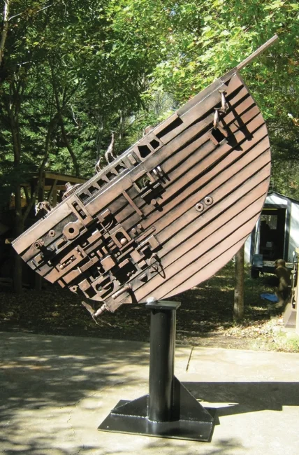 Ark painted steel, 8' high. This work can be interpreted in one of two ways: As a metaphor for our role as the stewards, the captains (the "Noahs") of Ark Earth. The work can also be seen in a darker light: a preview of a future when either because of war or environmental devastation, we are compelled to build a space ark and colonize other worlds, carrying with us those plants and animals necessary for our survival.