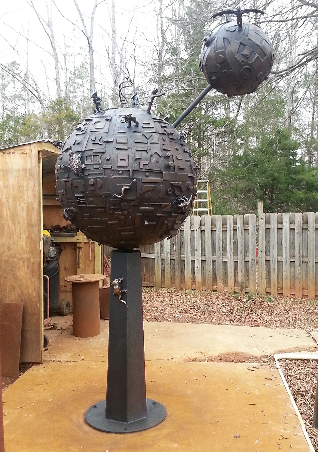 Brave New Worlds Steel and cast bronze and aluminum, 10' high. The biosphere transformed into the technosphere. "O brave new world, that has such creatures in it!"