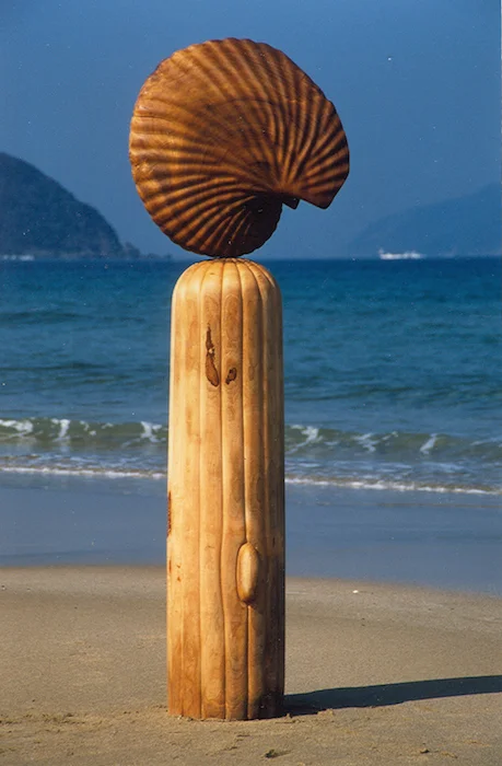 Sea Child camphor wood, 6' high. Based on an argonaut shell brought to my feet by wind and waves during a typhoon on a beach in western Japan.