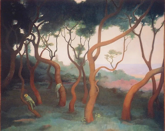   Carolina, 1491  oil on canvas, 21” x 26”. The Outer Banks before the arrival of the Europeans and the subsequent extinction of the Carolina parakeet. 